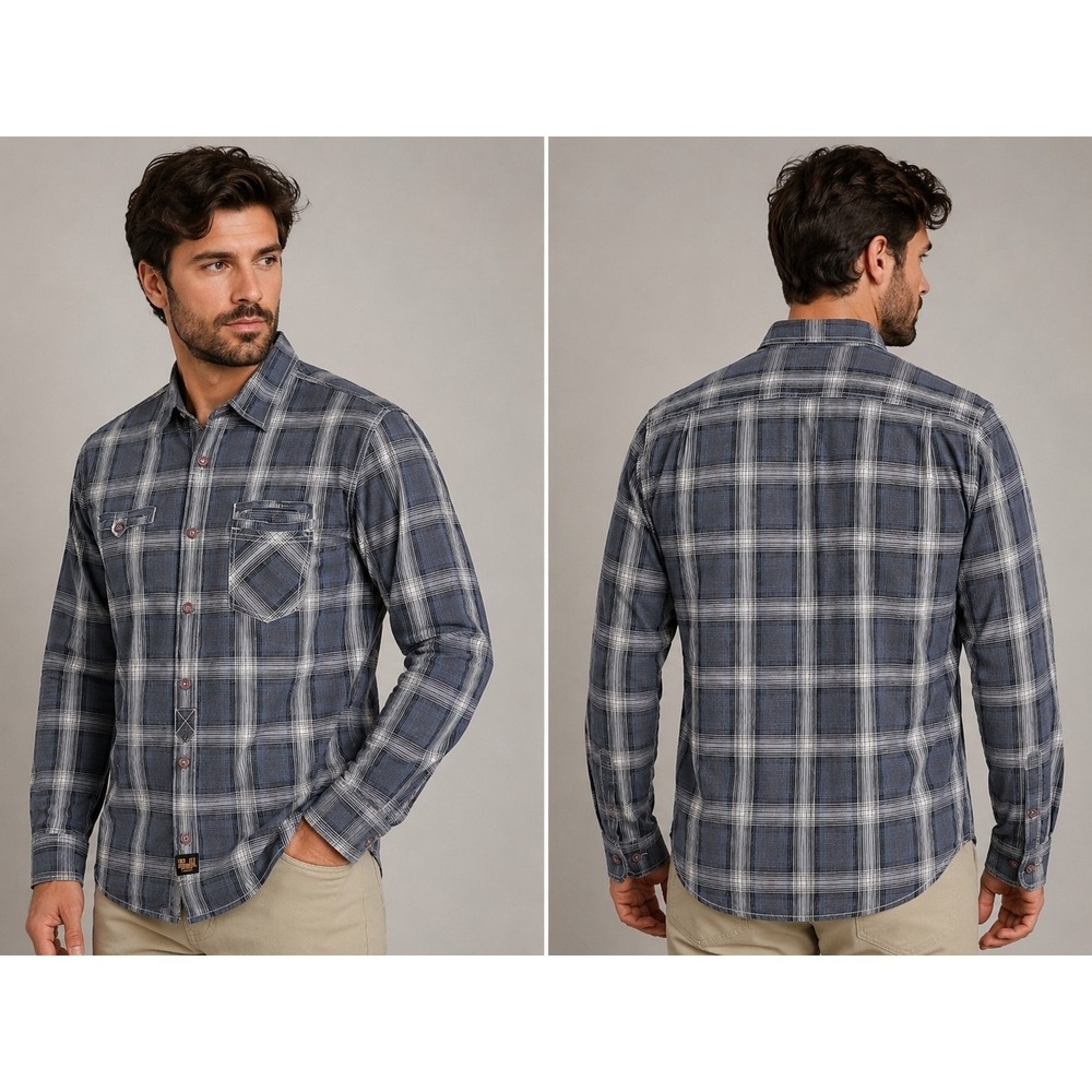 Troy Lee Designs Plaid Button Front Shirt Men's Large Blue Gray Long Sleeve